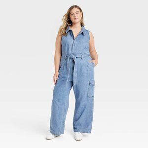 NEW! Women's Denim Cargo Jumpsuit - Universal Thread Medium Wash